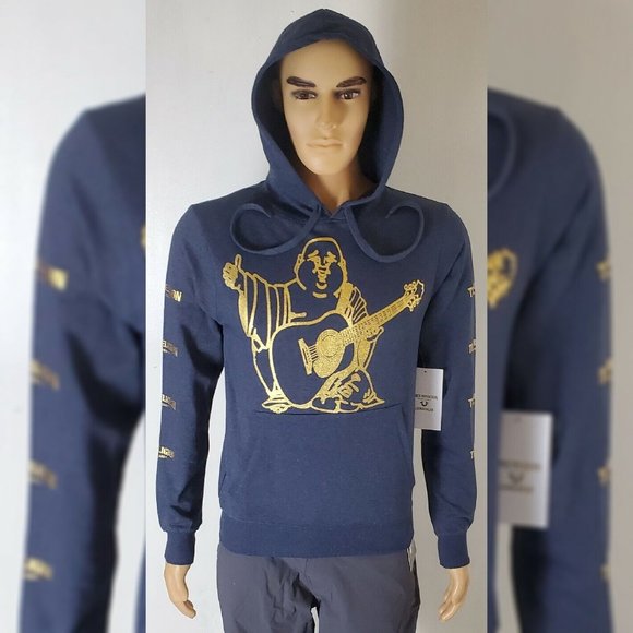 TRUE RELIGION LOUNGEWEAR HODDIE MEN' GUITAR BUDDHA LOGO/ICON NAME ON SLEEVE SZ L - Picture 7 of 9